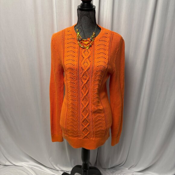 LL Bean Signature Cable Knit Sweater Womens Size Medium Orange Fisherman Tunic - Picture 1 of 8